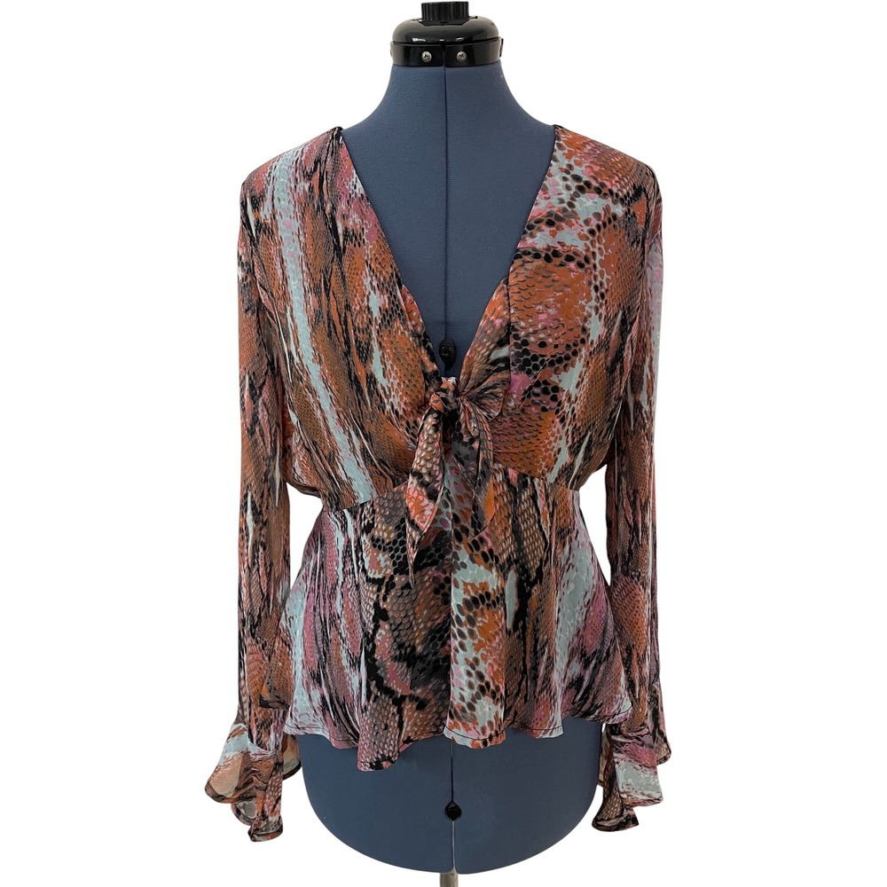 4SI3NNA Snakeskin Print Sheer Tie Front Peplum Ruffle Babydoll Top Bell Sleeve S